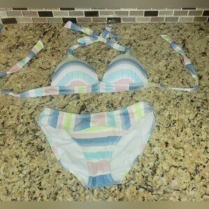 EUC True Craft Blue, Green, Pink & White Halter Bikini Set Top Med Bottom Small